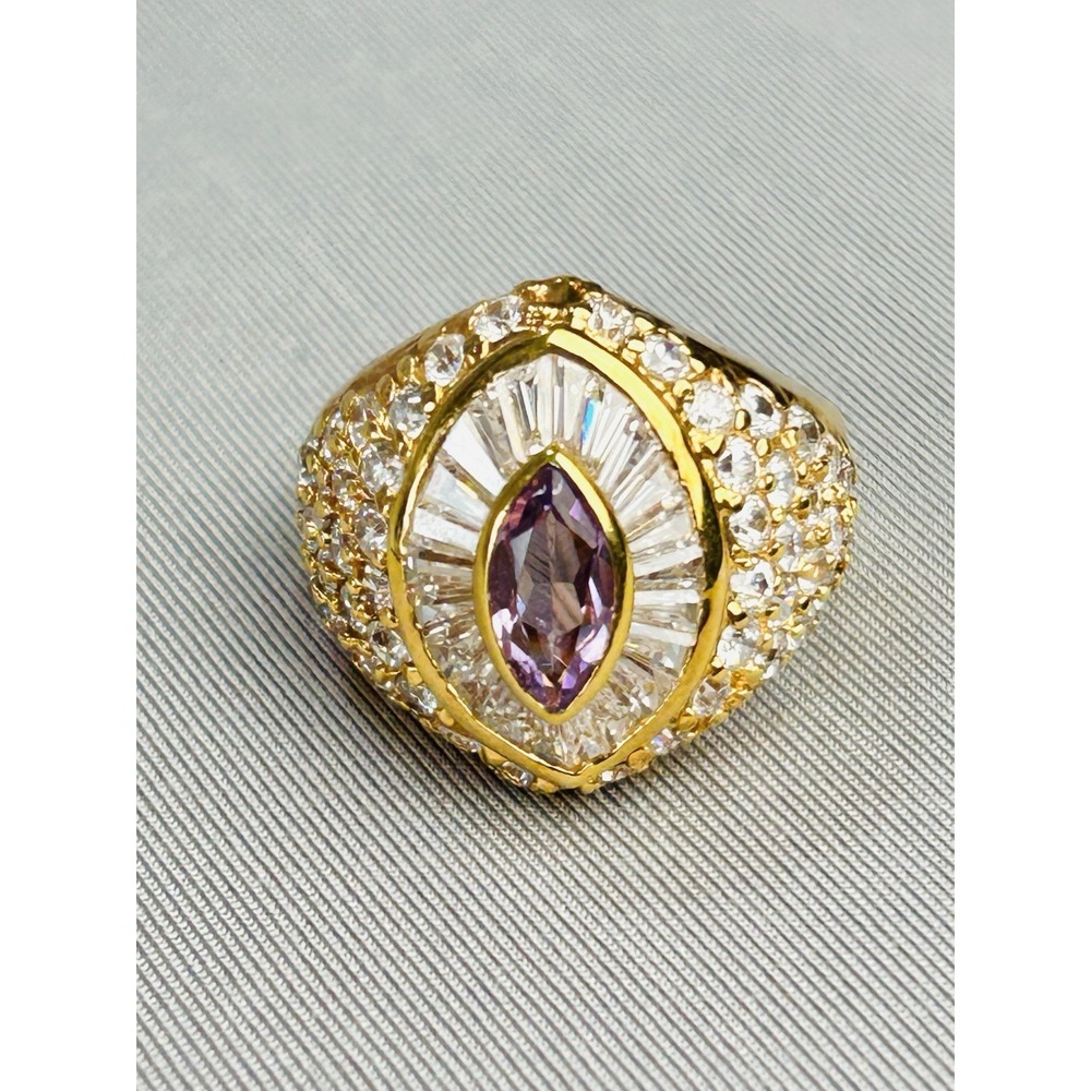 Sterling Silver Gold Tone Size 9.25 Ring With Purple & Clear Faux‎ Stones